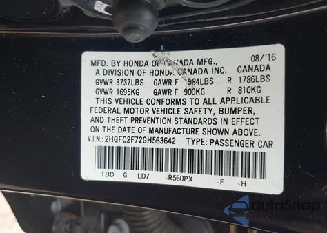 2016 Honda Civic Ex from USA, damaged, VIN 2HGFC2F72GH563642